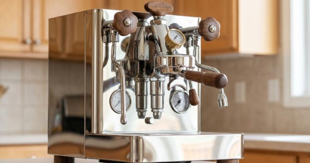 Cafetera Lelit Bianca V3 con acabados en madera, grupo E61 y manómetros de presión dobles en una cocina de barista.