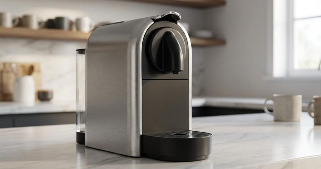 Cafetera de cápsulas moderna con acabado metálico en una cocina minimalista.