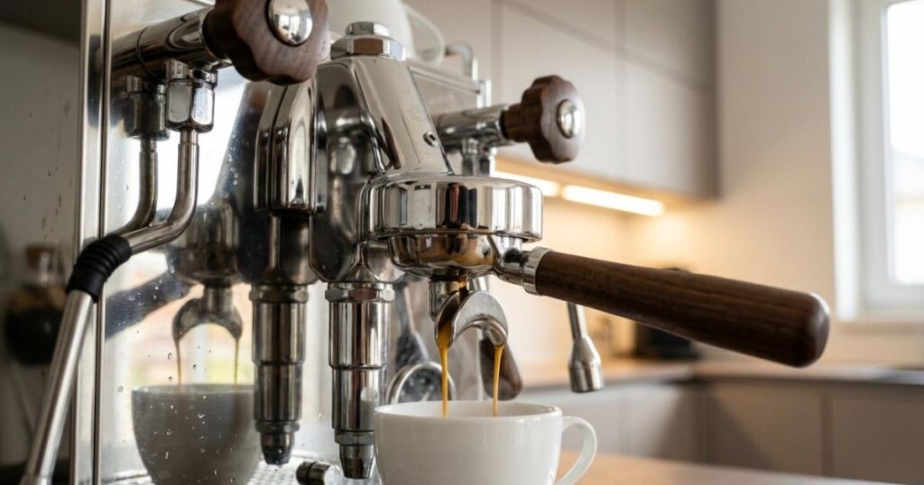 Extracción de café espresso con crema en una cafetera de alta gama con portafiltro de madera y doble salida.