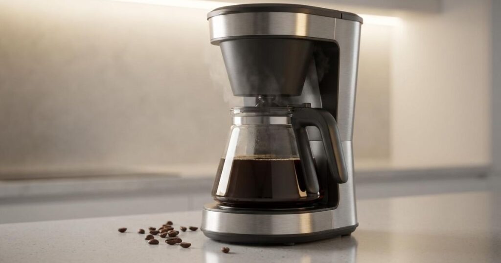 Cafetera de goteo moderna con jarra de cristal y granos de café sobre la encimera en una cocina iluminada.