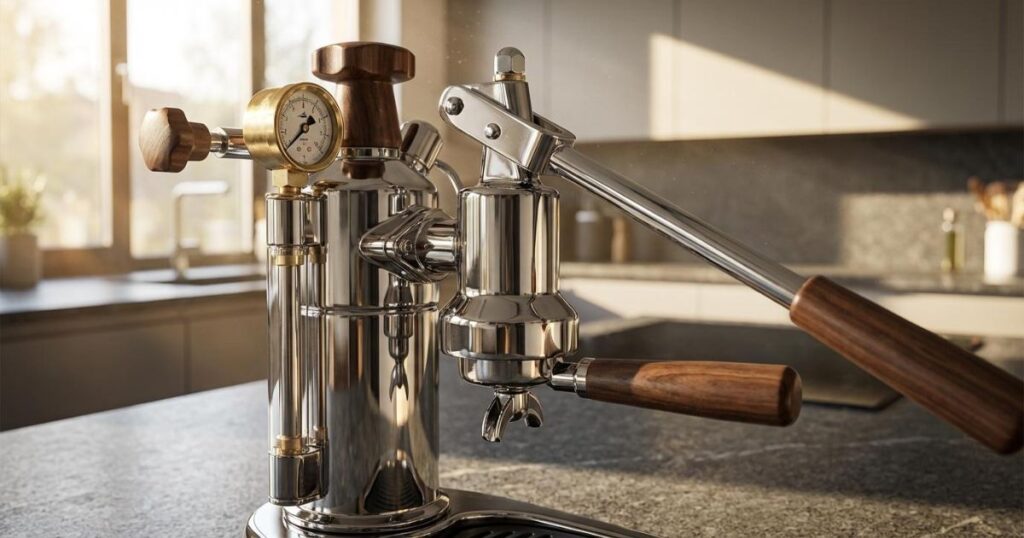 Primer plano de una cafetera espresso manual profesional con porta-filtros de madera y dos chorros de café cayendo en una taza blanca.