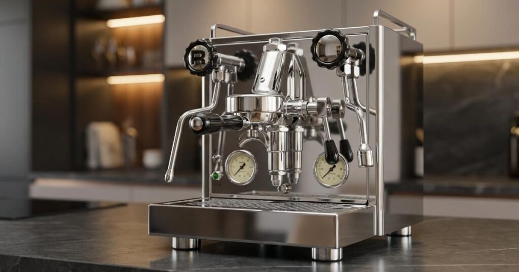 Cafetera Rocket Espresso prosumer de acero inoxidable con grupo E61, manómetros dobles y acabados cromados sobre una encimera de cocina moderna.