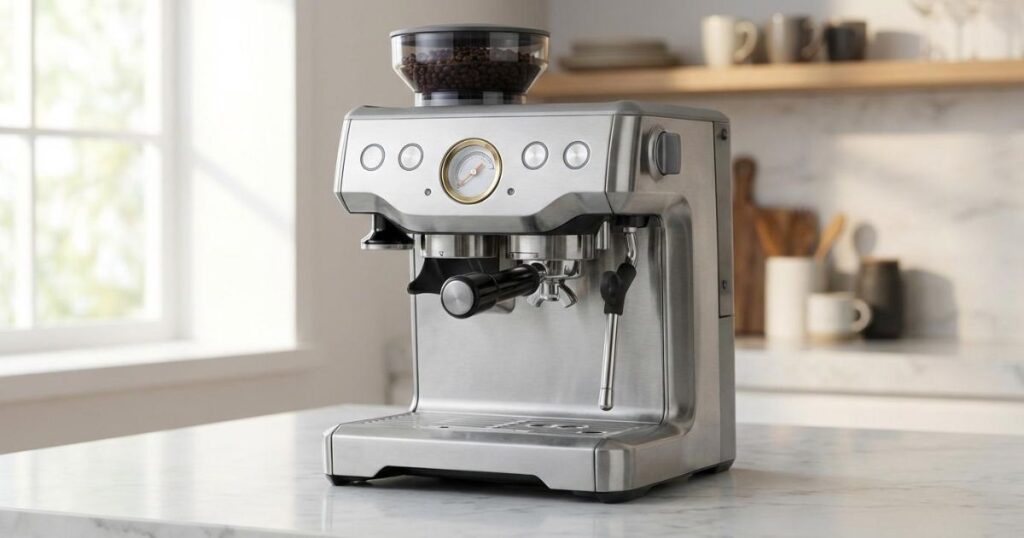 Cafetera semiautomática Sage Barista Express Impress de acero inoxidable con molinillo integrado, manómetro analógico y café en grano en la tolva en una cocina moderna.