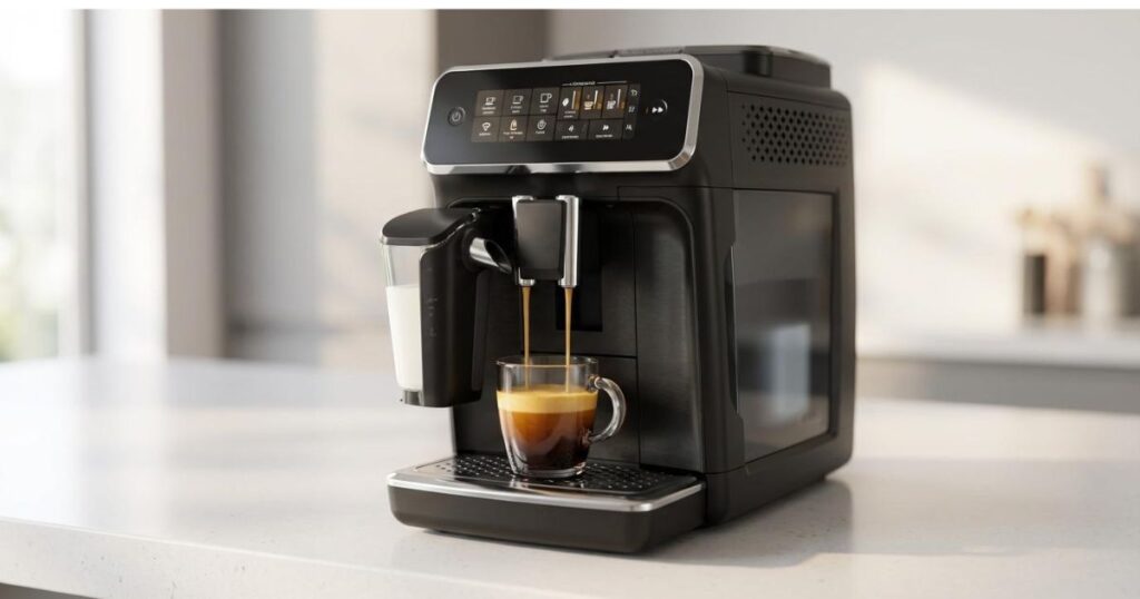 Cafetera superautomática Philips Serie 5500 con sistema LatteGo preparando un latte macchiato con espuma densa en una cocina moderna.