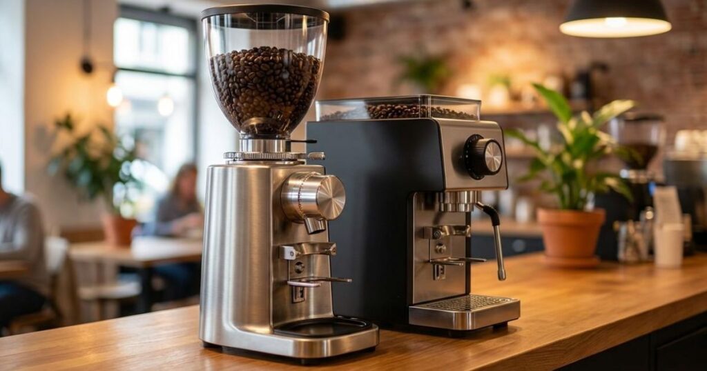 Molinillo de café eléctrico profesional Eureka Mignon Specialita en color blanco junto a una taza de espresso, resaltando el ajuste micrométrico.