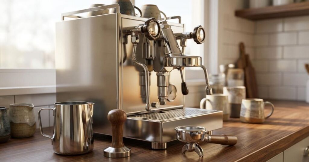 Estación de café barista en casa con cafetera espresso de acero inoxidable, jarra de leche profesional, tamper de madera y tazas de cerámica.