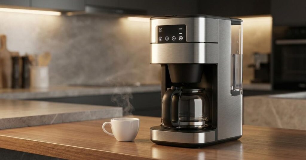 Cafetera superautomática moderna preparando un café espresso recién molido con vapor en una cocina.