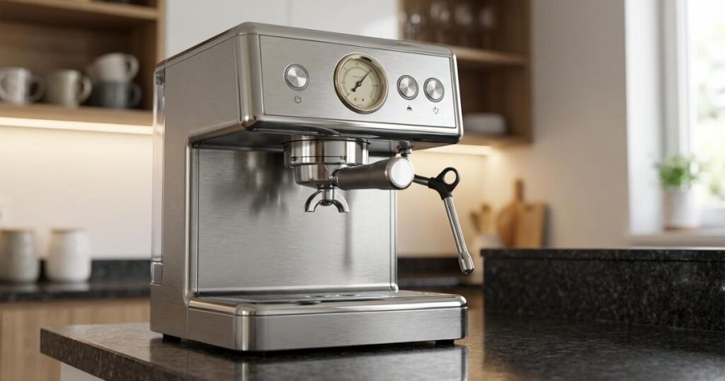 Cafetera superautomática Cecotec Cremmaet y manual Cafelizzia en una cocina moderna, destacando su diseño compacto de 19 cm y manómetro de presión.