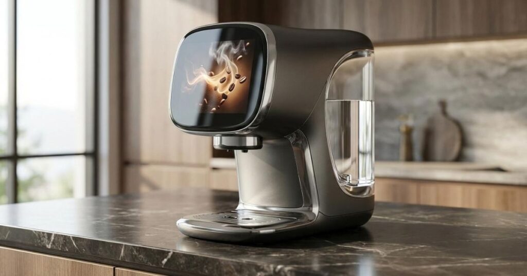 Extracción de café espresso profesional cayendo de un portafiltro doble con boquillas de acero inoxidable, mostrando una crema densa y elástica en una taza blanca.