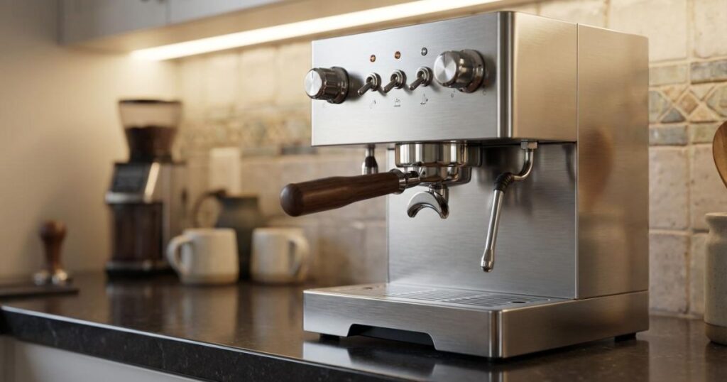 Cafetera semiautomática Gaggia Classic Evo Pro en acero inoxidable con portafiltro profesional de 58 mm y lanceta de vapor sobre una mesa de madera.