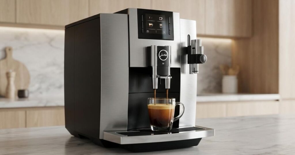 Cafetera superautomática Jura preparando un espresso cremoso en una taza de cristal, mostrando su pantalla digital y acabados premium.