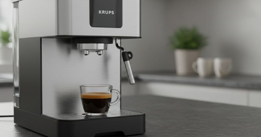 Cafetera superautomática Krups con sistema Quattro Force y pantalla táctil preparando un cappuccino cremoso en una cocina moderna.
