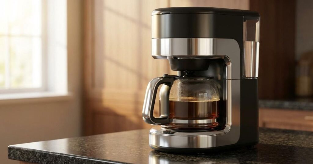 Cafetera Oster moderna de acero inoxidable con jarra de cristal llena de café recién hecho en una cocina iluminada.