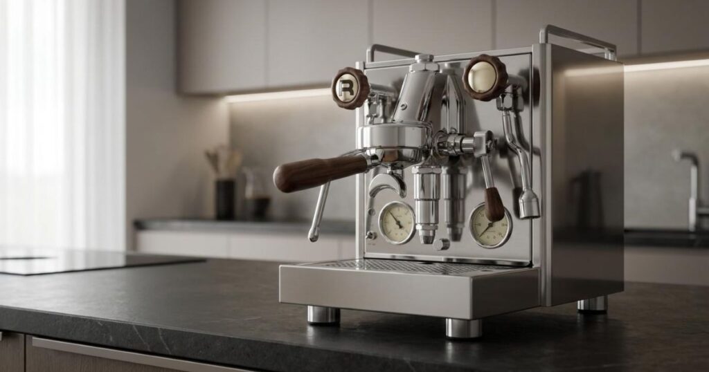 Cafetera prosumer de acero inoxidable con doble caldera, manómetros frontales y detalles en madera sobre una encimera de cocina oscura.