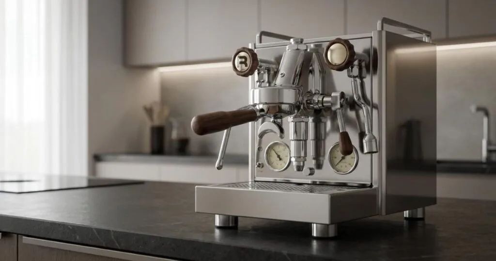 Cafetera prosumer de acero inoxidable con doble caldera, manómetros frontales y detalles en madera sobre una encimera de cocina oscura.