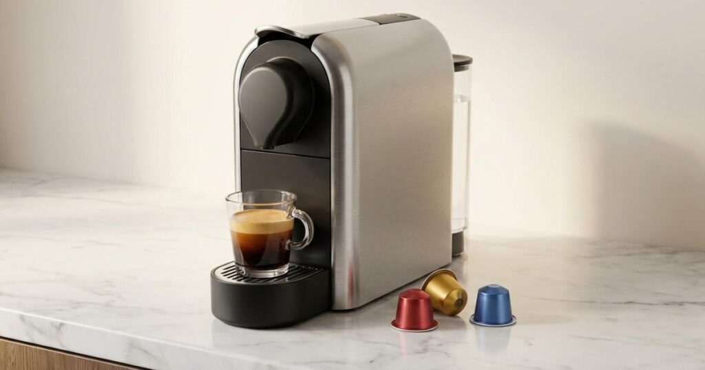 Cafetera espresso de cápsulas con una taza de café recién hecho mostrando una capa de crema densa y cápsulas de aluminio de colores sobre una encimera de mármol.