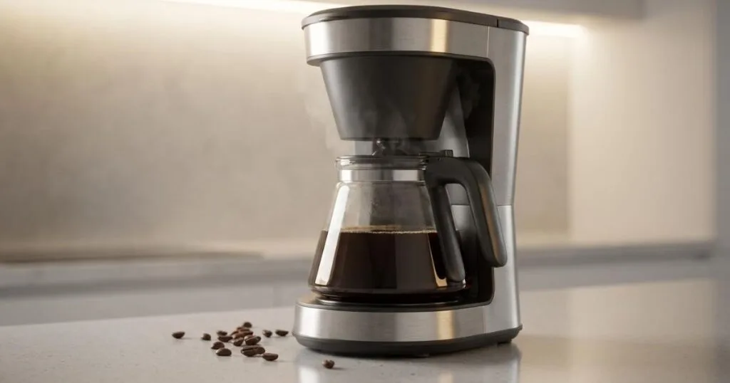 Cafetera de goteo moderna con jarra de cristal y granos de café sobre la encimera en una cocina iluminada.