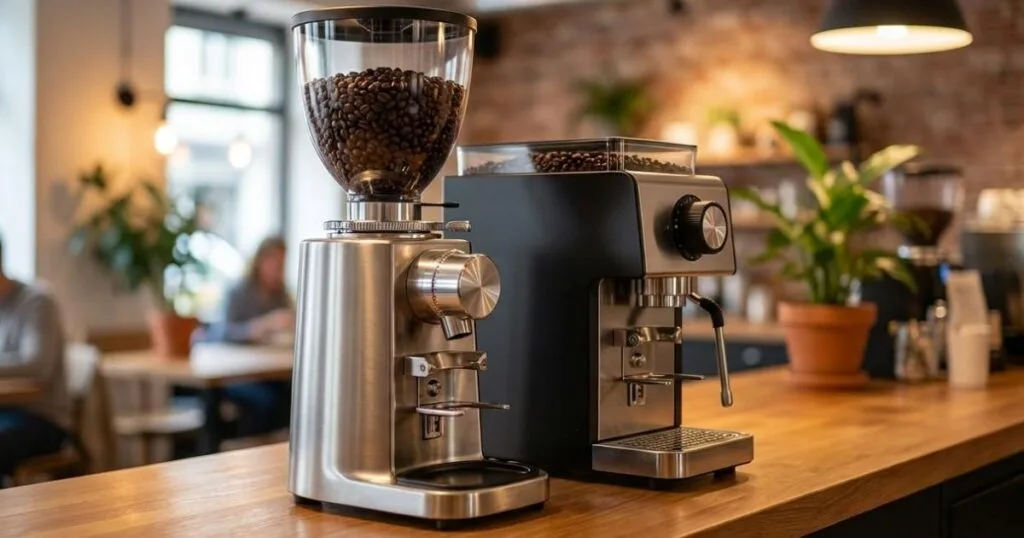 Molinillo de café eléctrico profesional Eureka Mignon Specialita en color blanco junto a una taza de espresso, resaltando el ajuste micrométrico.