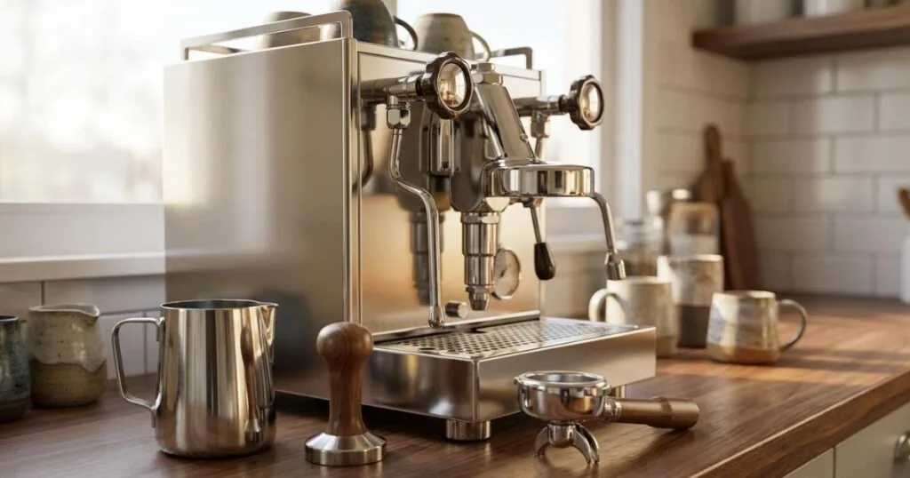 Estación de café barista en casa con cafetera espresso de acero inoxidable, jarra de leche profesional, tamper de madera y tazas de cerámica.