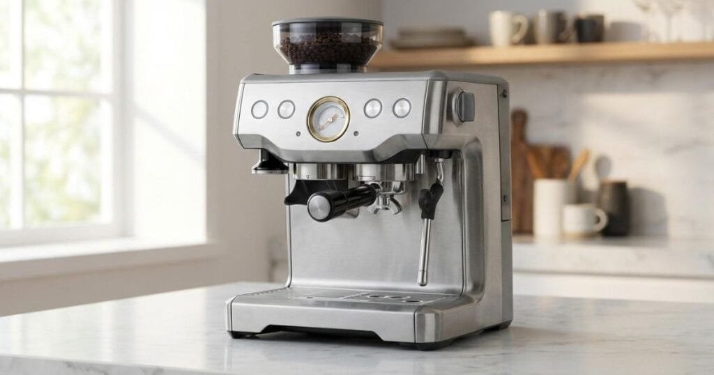 Cafetera espresso Sage de acero inoxidable con molinillo integrado y manómetro analógico sobre encimera de mármol